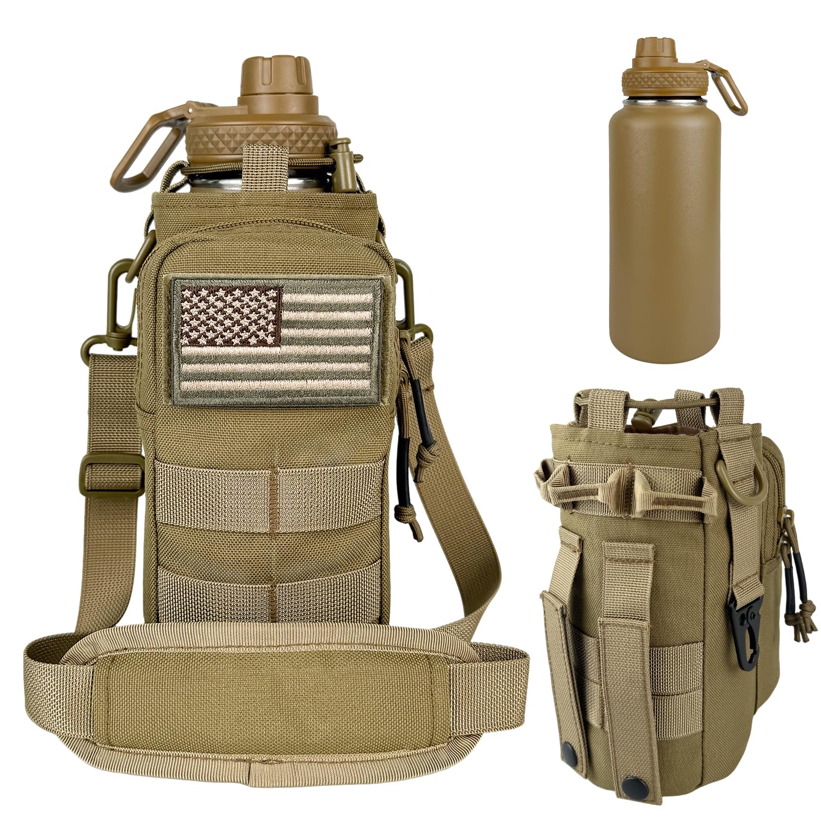 Isolierte Wasserflasche mit Hülle, taktischer Edelstahl-Metall-Wasserkrug, breite Öffnung, Fitnessstudio, Wasserflaschen für Herren, Sport, Workout, Wandern, mit Tasche, Khaki