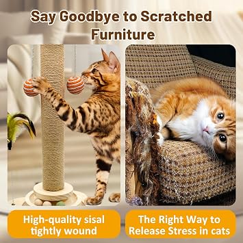 Multifunctional Cat Scratching Post with Interactive Toys, Cat Scratcher with Natural Sisal, Solid Wood Base, Anti-Tip Design for Indoor Cats, Kittens & Large Cats