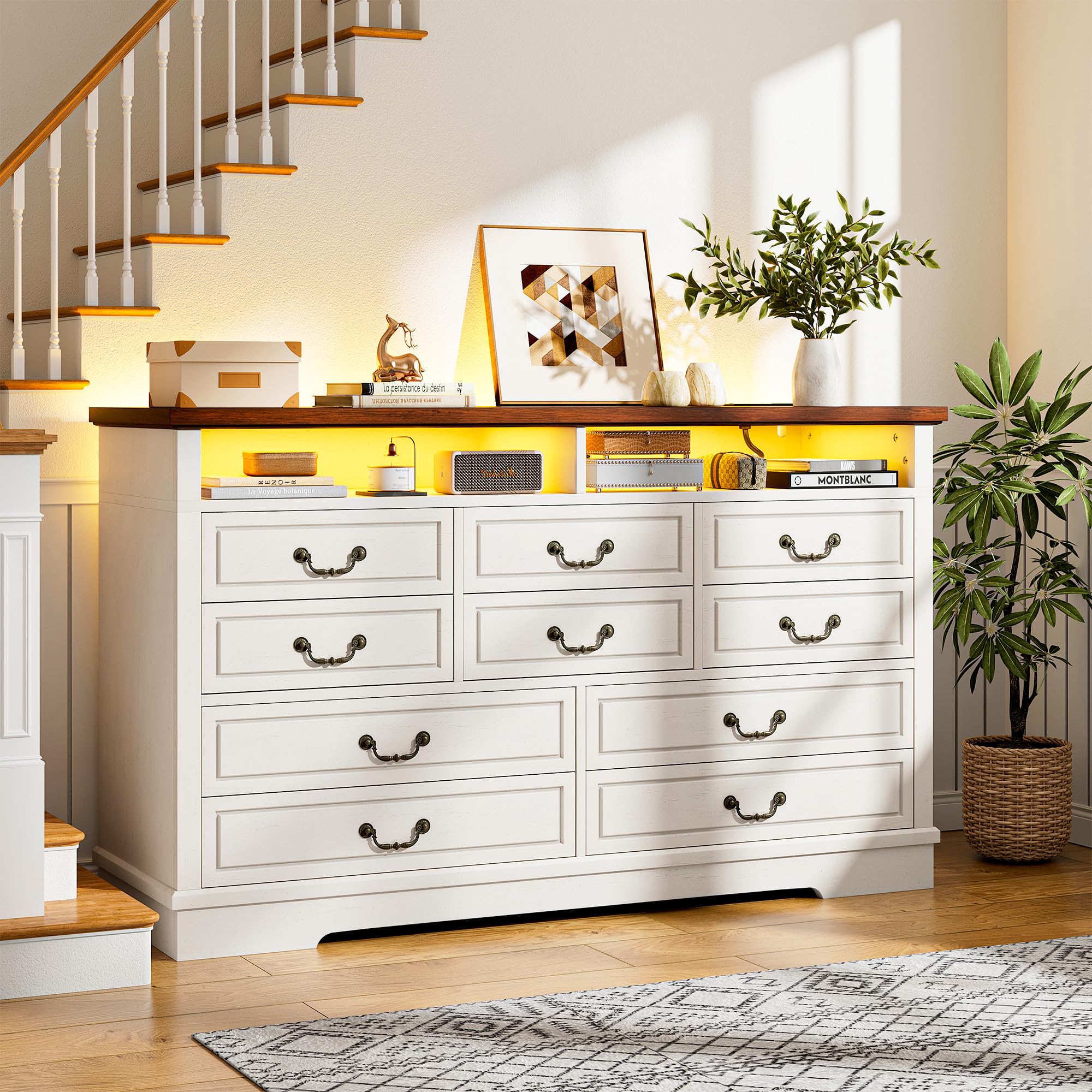 EnHomee 10 Drawers Dresser for Bedroom 55.2''Wide Wood Dresser White with LED & Power Outlet Large Space Saver & Chests of Drawers for Hallway, 55.2"