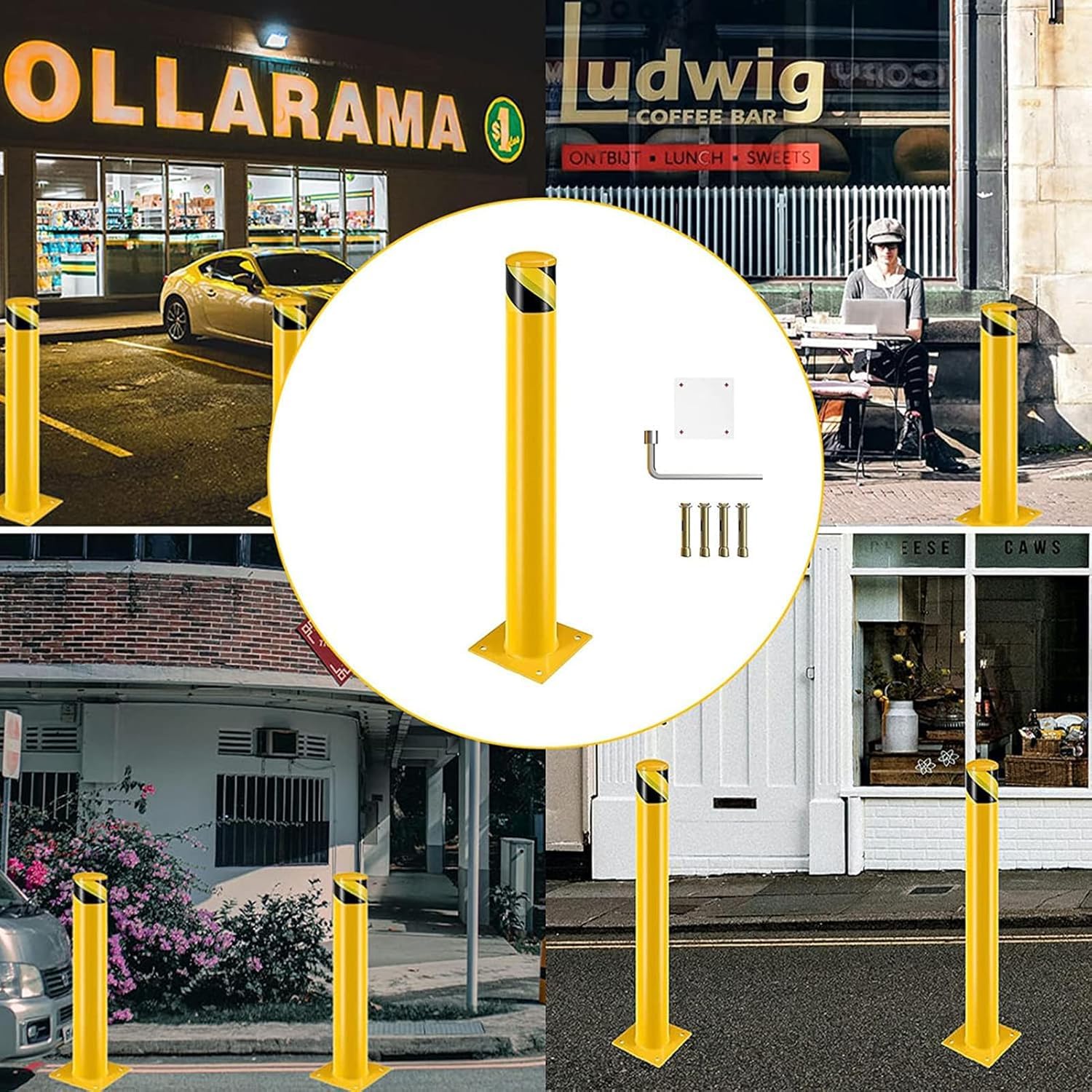 Safety Bollard Post, 42" H Steel Bollards, 4.5" D Parking Bollard, Yellow Powder Coated Safety Parking Barrier Post, for Traffic Sensitive Areas (3, 42" H*4.5" D)