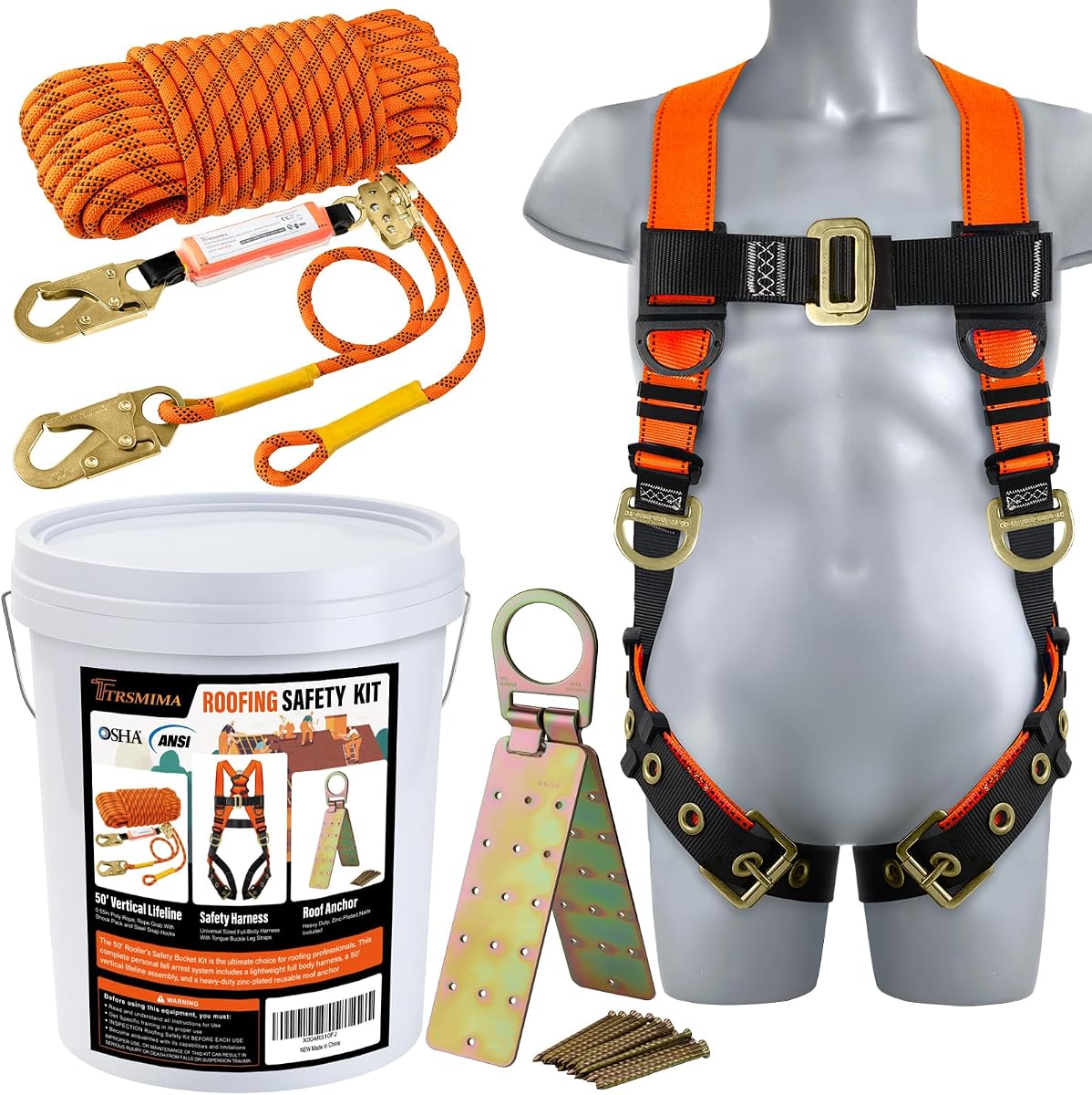 Safety Harness Fall Protection Kit - Roofing Harnesses 50ft Safety Rope | Safety Rope for Roofing Lanyard Kit 5 Gallon Bucket Kit Roof Top Anchor Men Construction Work 20pcs Nails Included