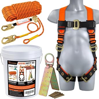 TT TRSMIMA Safety Harness Fall Protection Kit - Roofing Harnesses 50ft Safety Rope Lanyard Kit 5 Gallon Bucket Kit Roof Top Anchor Construction Work 20pcs Nails Included