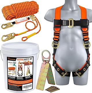 Safety Harness Fall Protection Kit - Roofing Harnesses 50ft Safety Rope Lanyard Kit 5 Gallon Bucket Kit Roof Top Anchor Construction Work 20pcs Nails Included