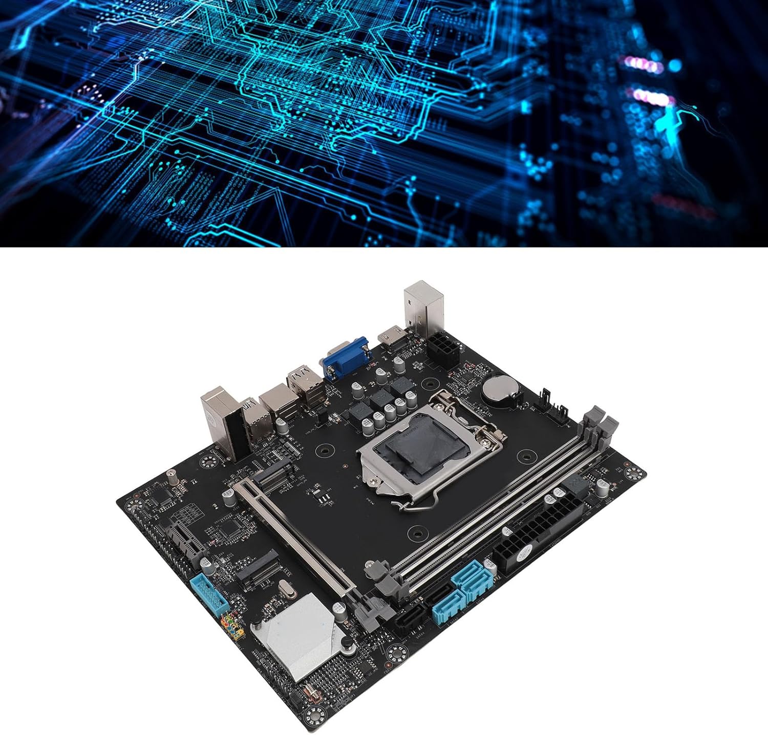 Angled view of the CCYLEZ B85M K motherboard installed in a system, showing various components and connections.