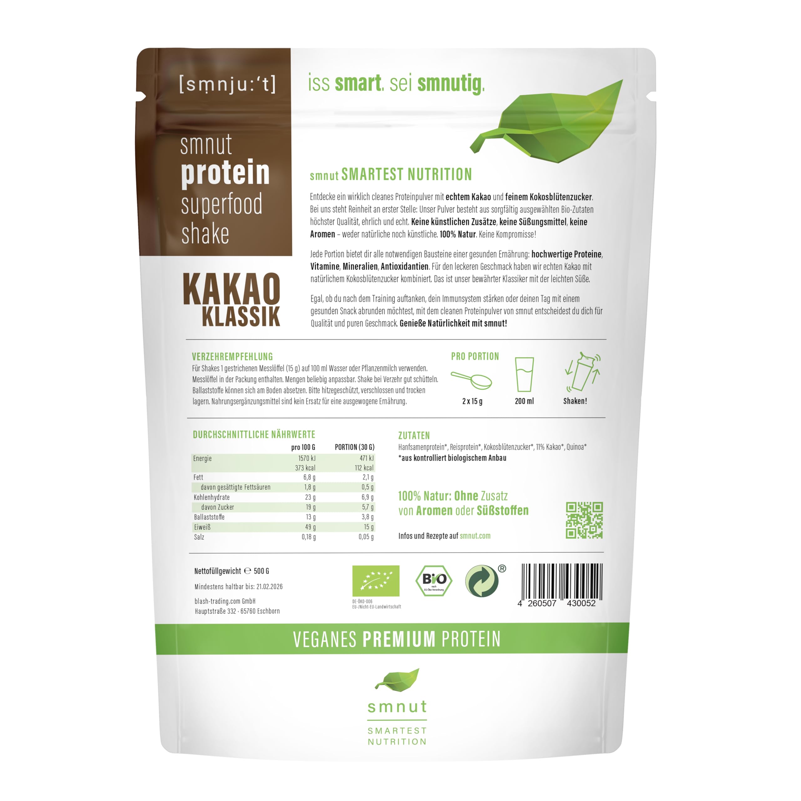 smnut protein superfood shake KAKAO KLASSIK | Bio Veganes Premium Proteinpulver | 100% Natur: Ohne Zusatz von Aromen oder Süßstoffen | Laktose- und Glutenfrei | 1000 g