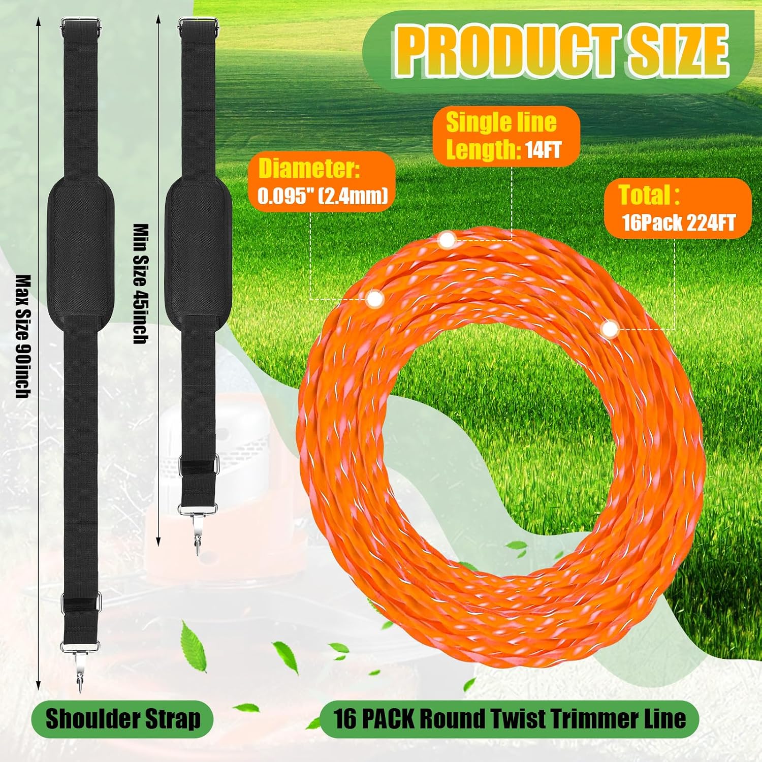 Lounsweer 16 Pack AL2420P Replacement 0.095" Triangle Trimmer Line Compatible with All 15" Ego 224 ft Nylon Weed Grass Eater String with Adjustable Trimmer Shoulder Strap for Garden Brush Cutter Lawn