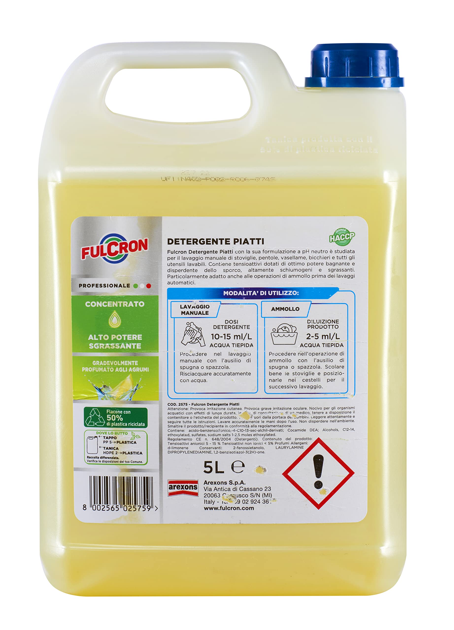 FULCRON Detergente Piatti Concentrato Per Lavaggio Manuale, Azione Altamente Sgrassante, Detersivo Piatti Profumo Agrumi, 5 L