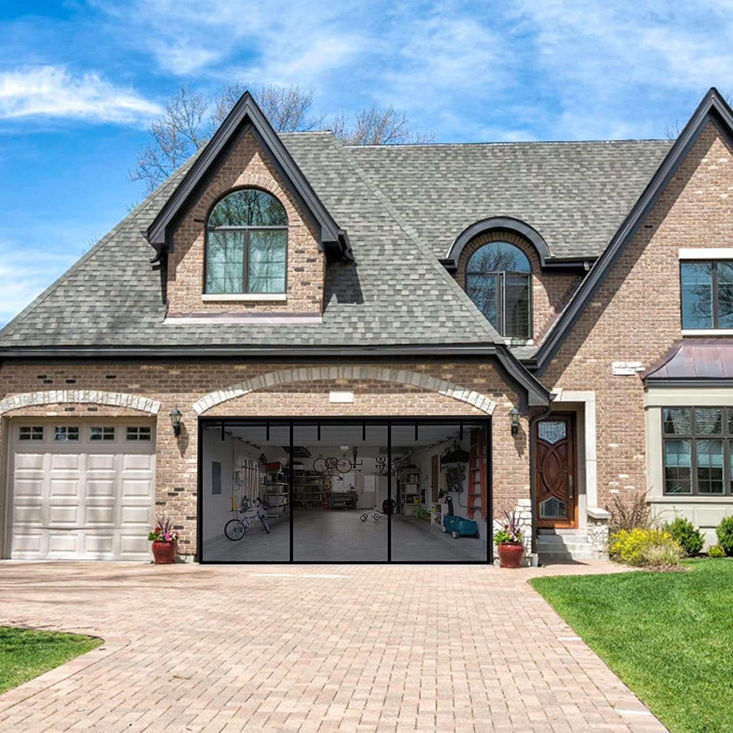 Magnetic Garage Screen Door for 1 Car Garage Doors 9x7FT- Reinforced Self Sealing Fiberglass Mesh Door, High Energy Magnets, Hands Free Door Screen with Closure Weighted Bottom, Black