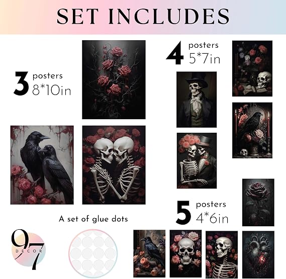 97 Decor Romantic Gothic Wall Art - Goth Wall Decor, Floral Gothic Decoration For Bedroom, Goth Wall Art Prints, Dark Raven Skull Poster