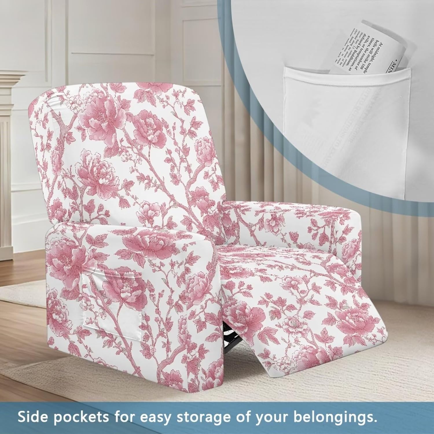 Floral Lazyboy Recliner Chair Cover French Style Recliner Chair Cover with Storage Pockets, Toile De Jouy Floral Stretch 4-Piece Lazy Boy Sofa Protector for Living Room