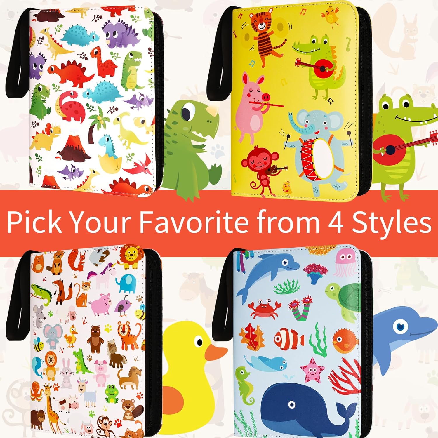 Card Binder 4 Pocket - Double Sided Hold up 400 Pockets with 50 Removable Sleeves Premium Zipper PU Cover, Animal