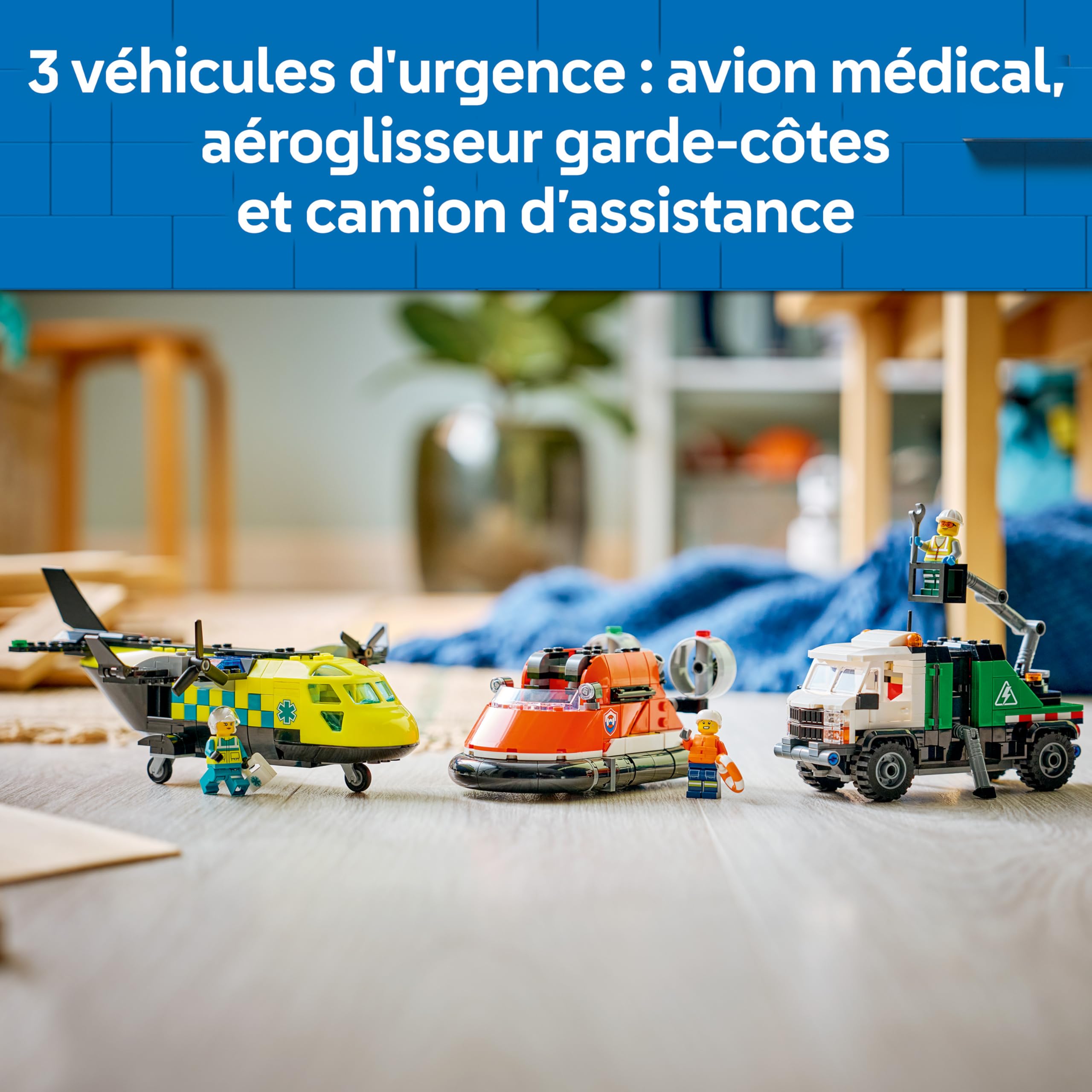 LEGO City 3-en-1 Avion, Camion d’Assistance et Aéroglisseur Modulable - Jeu de Construction - Maquettes de Véhicules de Secours à Combiner - 3 Minifigurines - Idée Cadeau STEM pour Garçon 7 Ans 60505