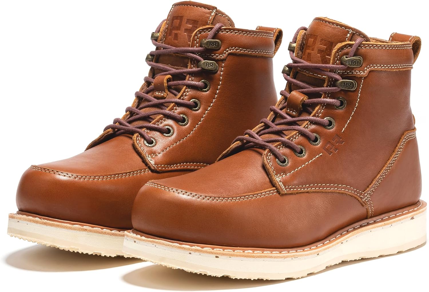 ROCKROOSTER Edgewood Moc Toe Work Boots for Men, 6" Steel Toe Wedge Non-Slip Rubber Outsole Safety Boot, Brown Leather Roofer Asphalt Boots, Comfort, Anti-Fatigue, ASTM F2413-18 EH, SAP610