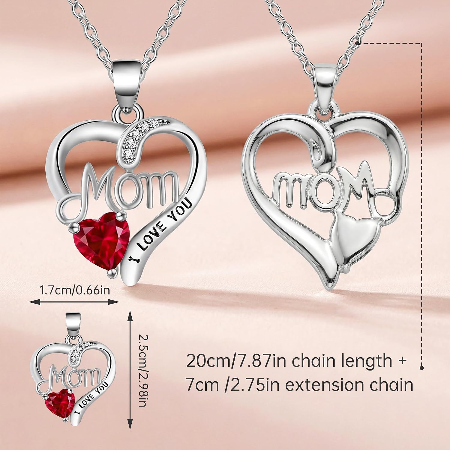 Mom Birthstone Necklace Mother Love Heart Necklace I Love You Mom Gifts Mothers Day Birthstone Jewelry Gifts for Grandmother Women Wife