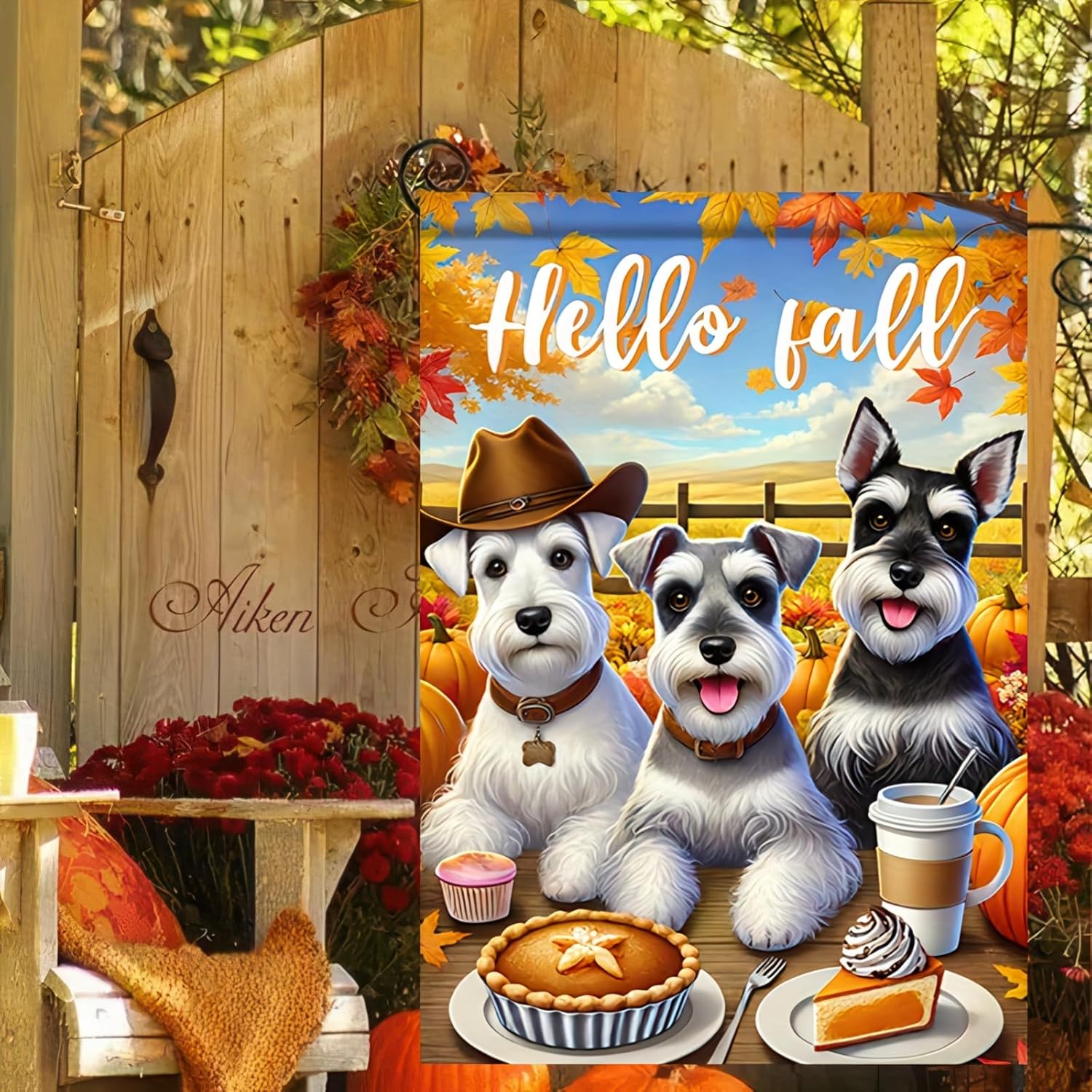 Hello Fall Garden Flag 12x18 Double Sided Schnauzer Dog Garden Flag Autumn Pumpkin Welcome Flag Thanksgiving Outdoor Outside Decorations Seasonal Yard Dog Flag Porch Decor Banner - Image 6