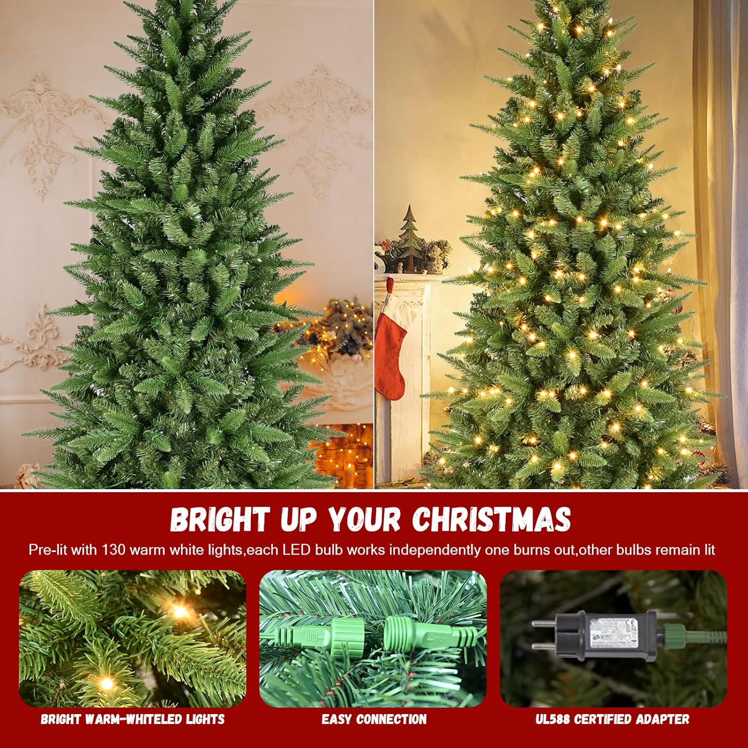 5 ft Christmas Tree with Lights, Premium Skinny Pencil Christmas Tree Prelit with 588 Branch Tips, 200 Warm Lights and Metal Stand, Slim Aritificial for Home Party Office