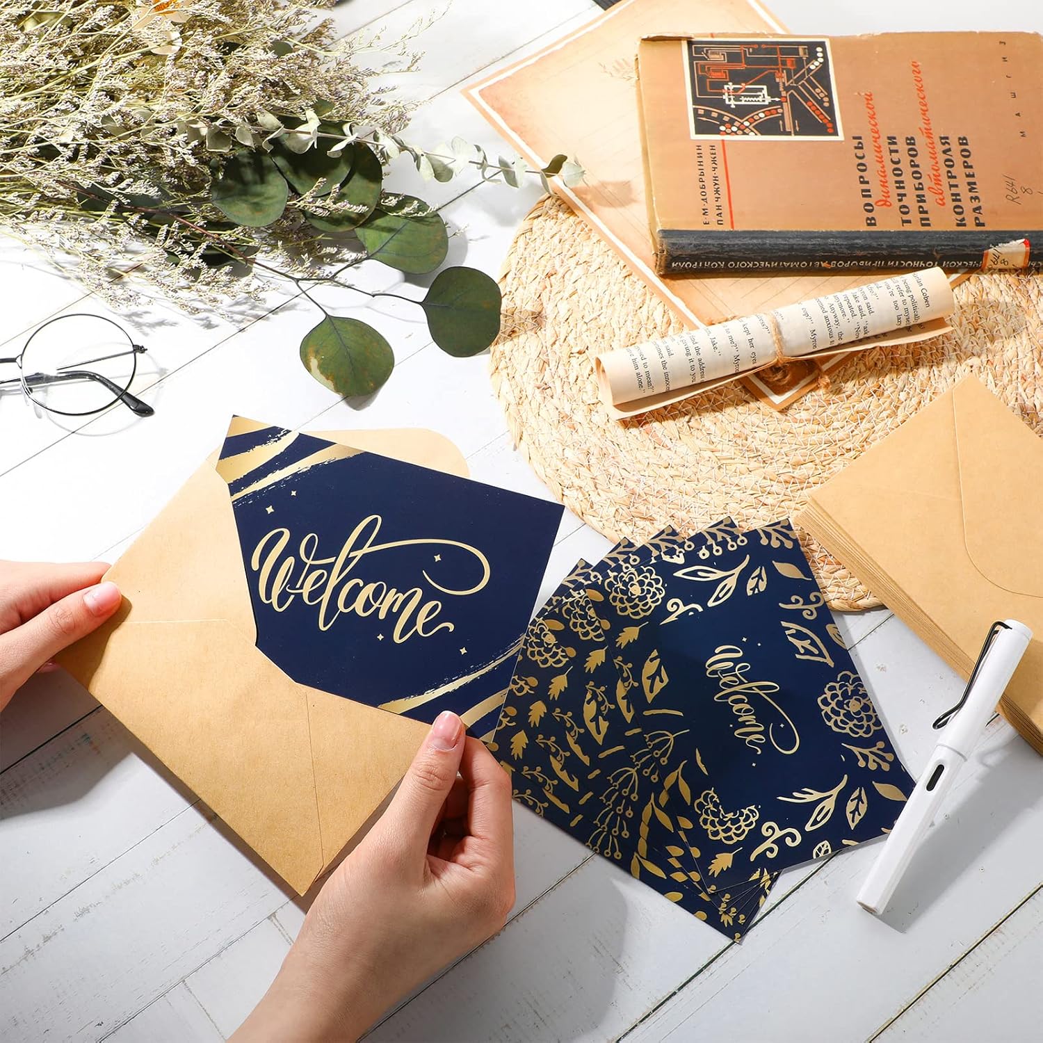 Fumete 48 Pcs Welcome Cards Bulk with Kraft Envelopes and Stickers for Guest Employee Greeting Cards Assorted Paper for Birthday Business Wedding New Home Baby Shower(Blue) - Image 4