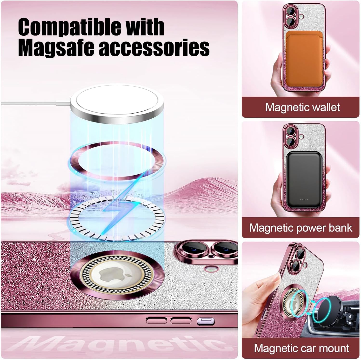 Misscase for iPhone 16 Plus Magnetic Glitter Case Compatible with MagSafe,Full Protection Slim Shockproof Anti-Scratch Case with Camera Lens Protector Logo View Dust-Proof Net for Women Pink - Image 4