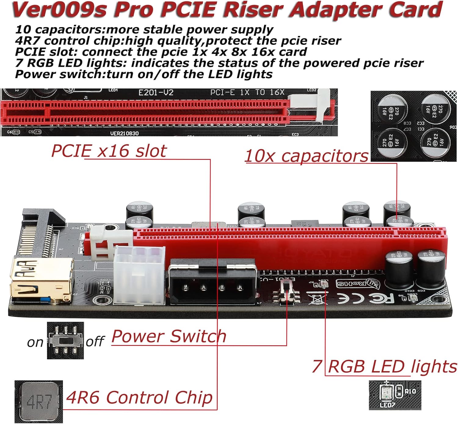 GPU Riser Adapter Card PCIe 1x to 16x for Bitcoin Litecoin ETH Mining, PCIe 6pin/Molex 4pin/SATA 15pin Interface, Linux Compatible, Desktop, 6 Pack