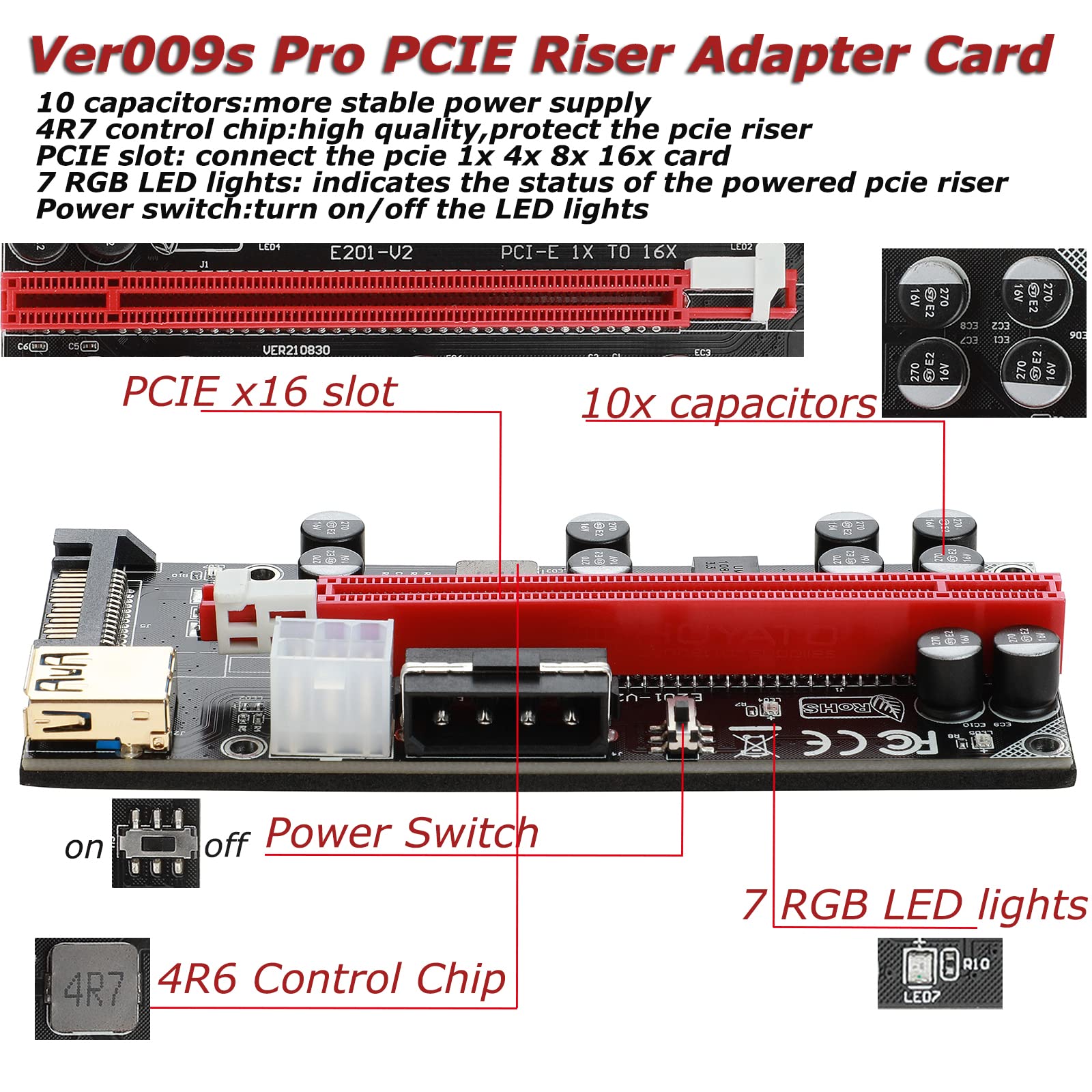 Joylifeboard PCIe-Express Risers 1x to 16x for Bitcoin Litecoin ETH Mining,  10 Capacitors Adapter，VER009S Pro with GPU Riser Adapter Card PCIe Riser,  w/RGB LED Light+60cm USB 3.0 Cable, 1Pack : Amazon.ca: Electronics