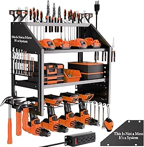 4 Layer Drill Holders Wall Mount, Heavy Duty Metal Organizers And Storage Rack For Garage Organization, Tools Shelves With Screwdriver Plier/Hammer Holder, Black, Power Tool Organizer - View #2