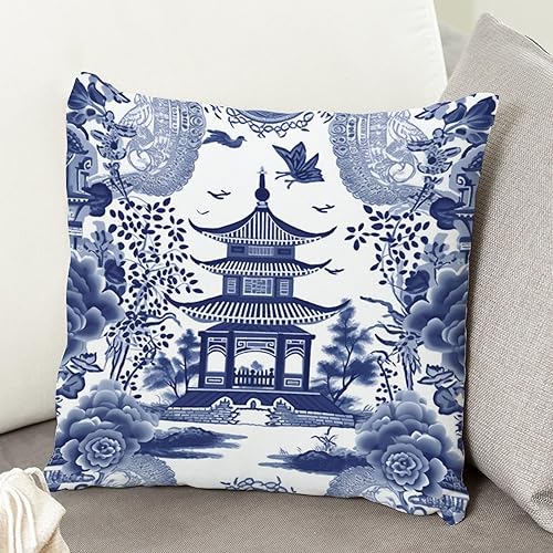 Miniatura 5 de ArogGeld Chinoiserie - Cojín de cojín de pagoda asiática azul índigo, pagoda y flor, cuadradas, para sofá, 16 x 16 pulgadas, lino blanco