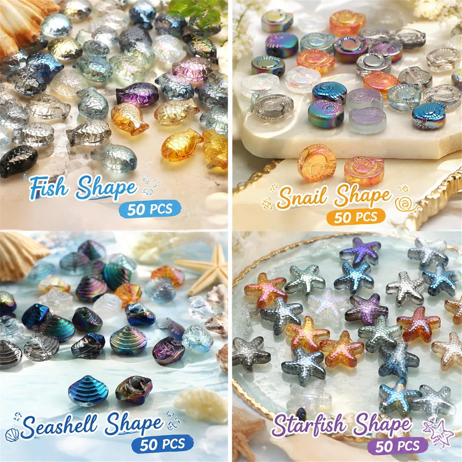 Okllen 650pcs Sea Glass Beads Set for Jewelry Making, Colorful Starfish, Seashell, Snail, Fish Ocean Themed Beads Shell Beads for Adult Jewelry Making Bracelet Earrings Necklaces image 4
