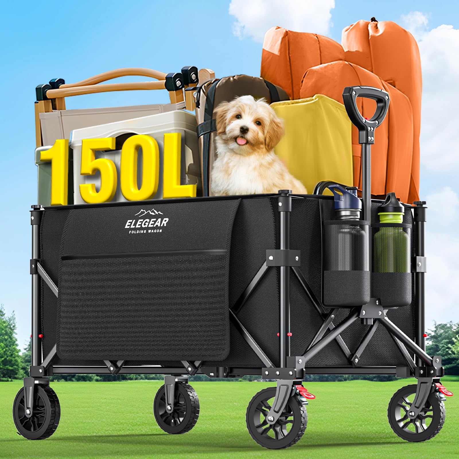 Elegear Festival Trolley Cart with Brake, 150L Folding Camping Trolley with Adjustable Handle & 360° All-Terrain Wheels, Collapsible Pull Along Wagon for Beach Garden Picnic Transport,