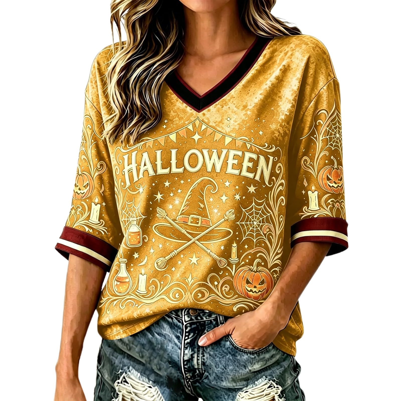 Salem Broom Co Halloween Shirts Women 3/4 Sleeve Vintage Witch Tops Funny Halloween Costumes Casual V Neck Witch Tee Shirts Novelty Fashion Festival Party Clothes (Z02-Yellow, L)