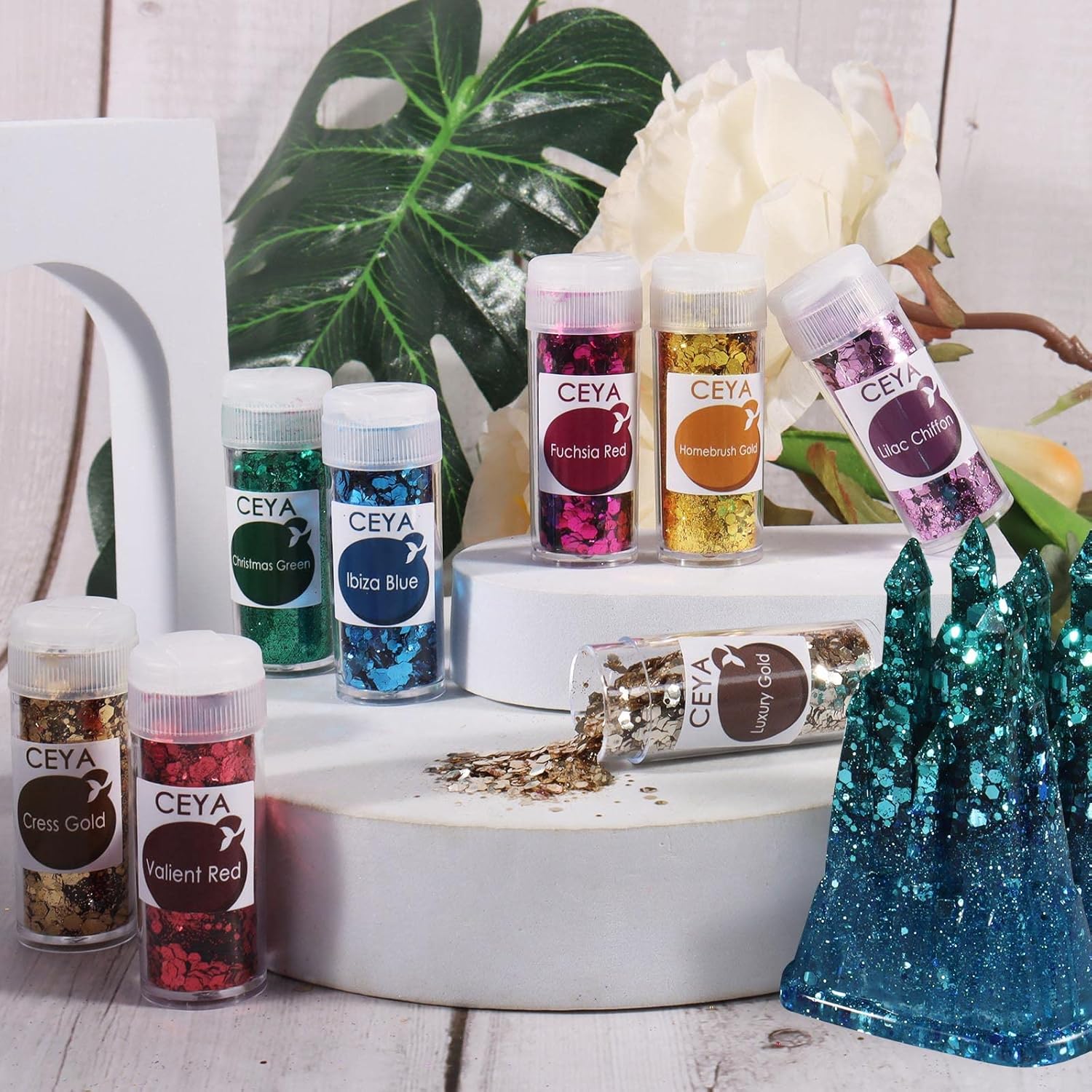Ceya Chunky Glitter Set 32 Colors, 11.28 oz/ 320g Craft Glitter Powder Mixed Chunky Fine Sparkle Flakes Each 15ml Iridescent Nail Sequins for Epoxy Resin Nail Art Tumbler Slime Festival Decor