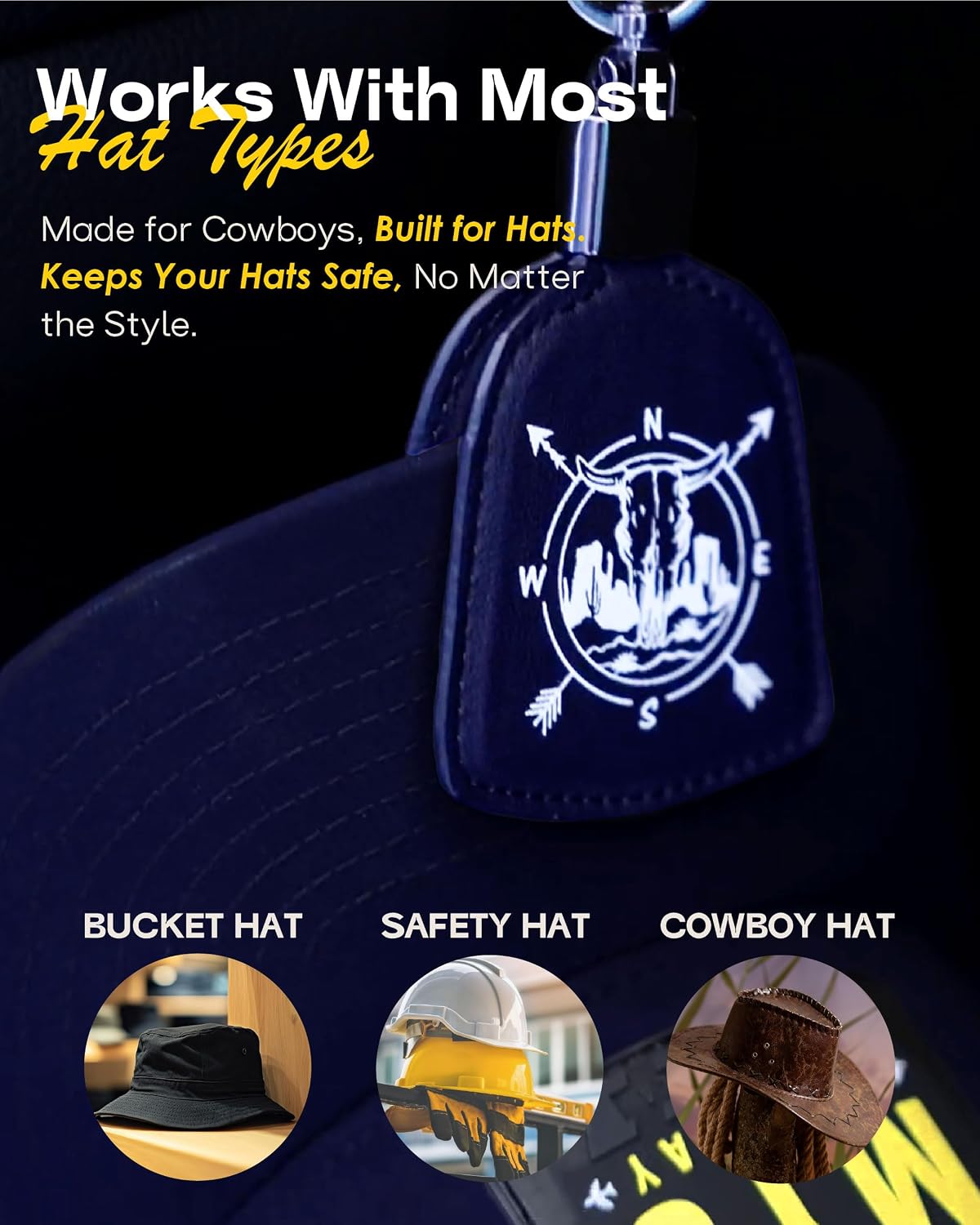Cowboy Hat Holder for Truck Car 2 Pcs, Magnetic Clip Car Cowboy Hat Holder, Hard Hat Leather Hooks for Pickup Truck Seat, Headrest Hat Hanger, Strap Hanger for Hardhat, Bags and Accessories
