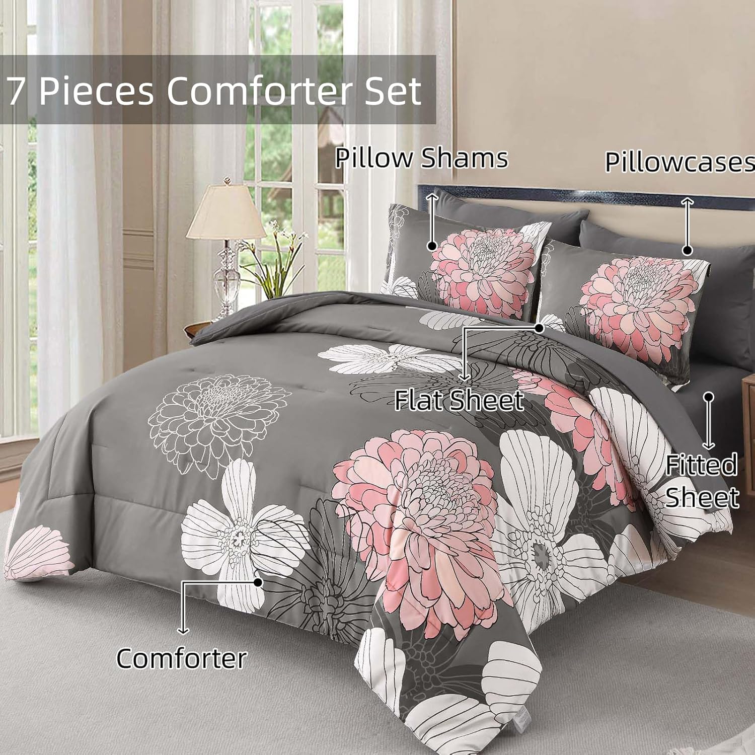 Yiran Grey Pink Comforter Queen Size 7 Pieces Floral Bed in a Bag Comforter Set Soft Microfiber Bedding Sets for All Season with Flat Sheet Fitted Sheets Pillowcases & Pillowshams - Image 3