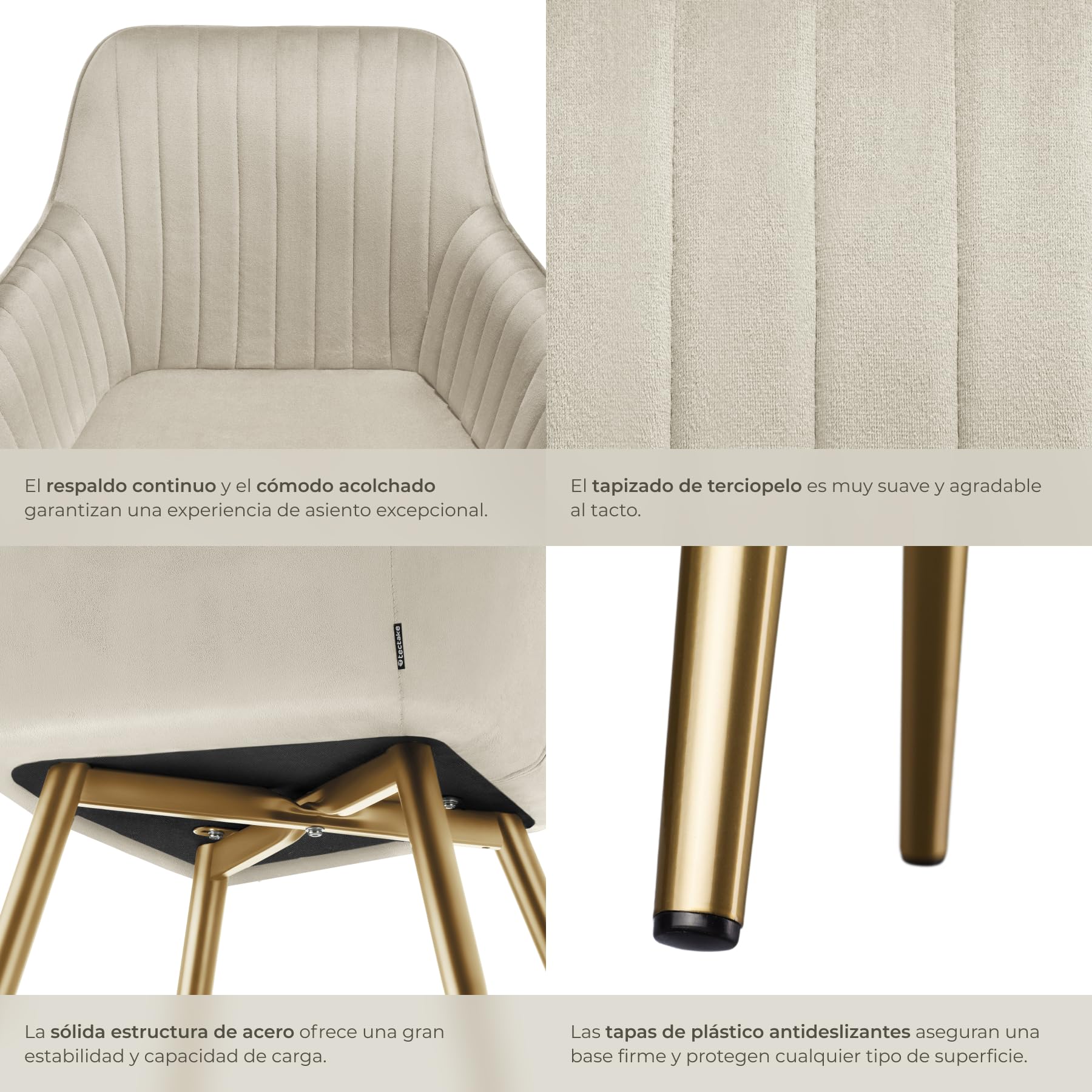 tectake® Silla de Comedor con Tapizado Aterciopelado Acolchado, Silla de Cocina Elegante y Moderna, Patas de Acero, Fácil Limpieza, Ideal Silla Salón, Tocador, Dormitorio - 1 Silla Crema/Oro