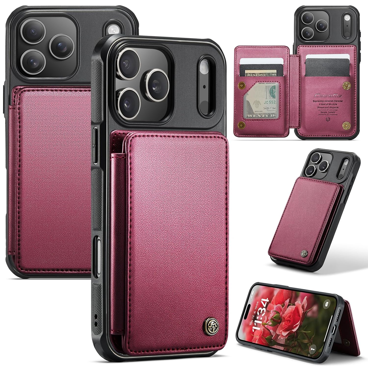 for iPhone 17 Pro Max Wallet Case with RFID Blocking and 5 Credit Card Holder, Premium Durable Slim Leather Magnetic Clasp Kickstand Heavy Duty Shockproof Protective Cover.- Wine