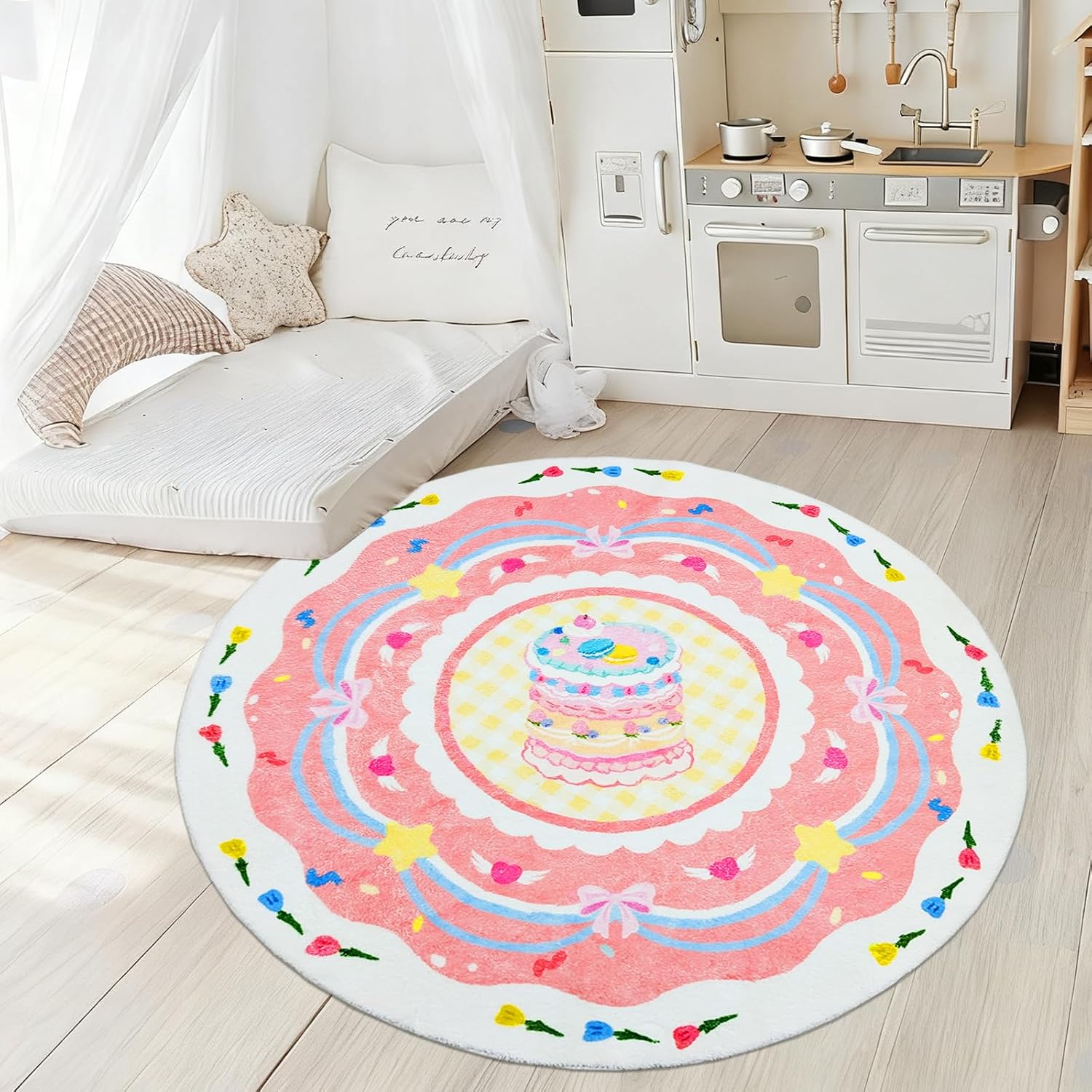Pink Kids Rug 5.2Ft Round Cake Carpet for Girls Boys Bedroom Playroom Nursery Living Room Classroom Decor Circle Dessert Play Mat, Soft Nonskid Washable Children’s Rug, Candy Land Decor