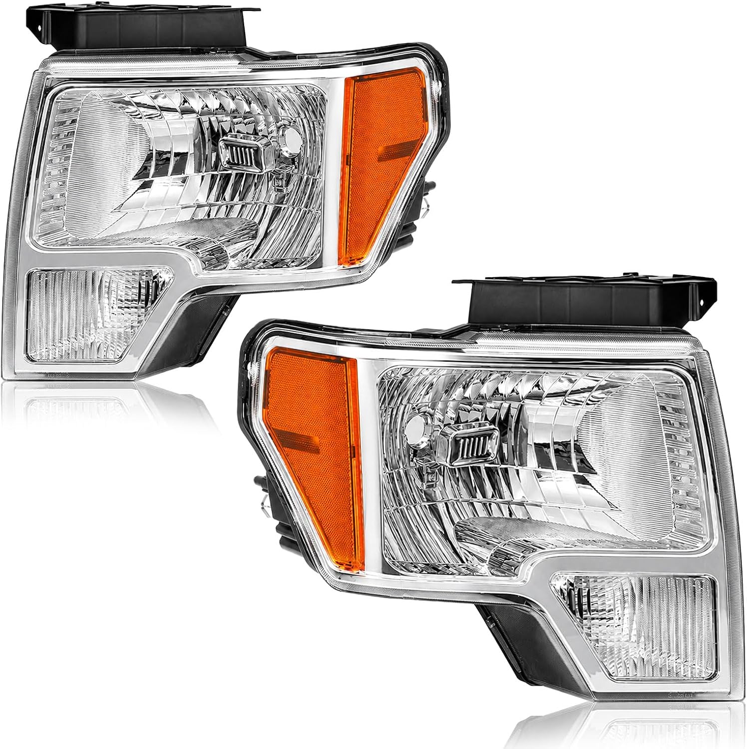 Headlights for 2009-2014 Ford F150 Pickup F-150 2010 2011 2012 2013 Amber Reflector Chrome Housing