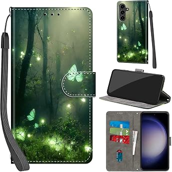 Mobile Phone Case for Samsung Galaxy S24 Plus PU Leather Protective Case Foldable with Card Slot Stand Mobile Phone Case with Camera Protection Flip Case for Samsung S24 Plus Forest Butterfly