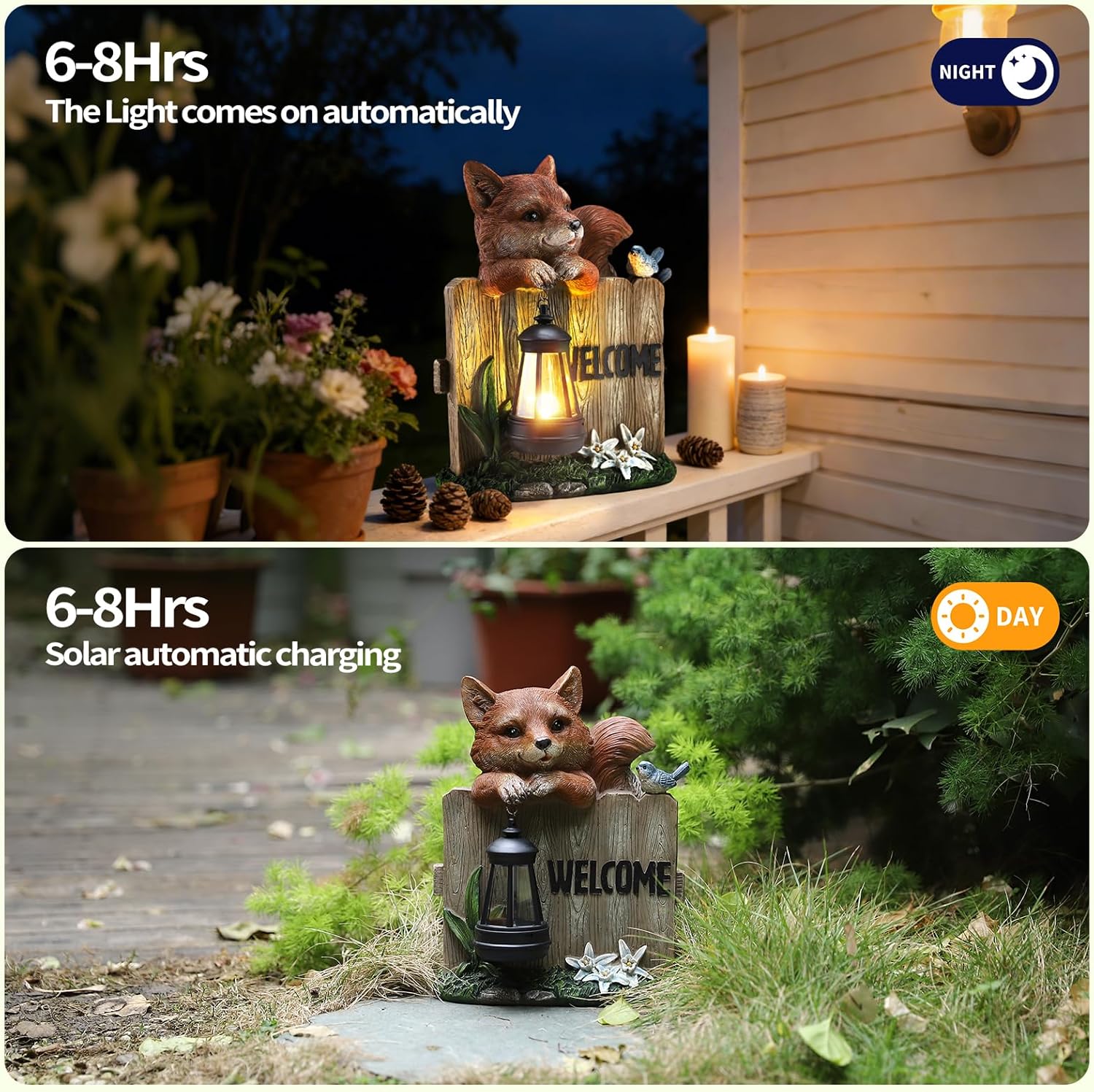 Solar Fox Garden Statue with Hanging Lantern Light, Resin Outdoor Welcome Sign Decor, Waterproof Solar Powered Garden Decoration for Yard, Lawn, Patio, 10.6"