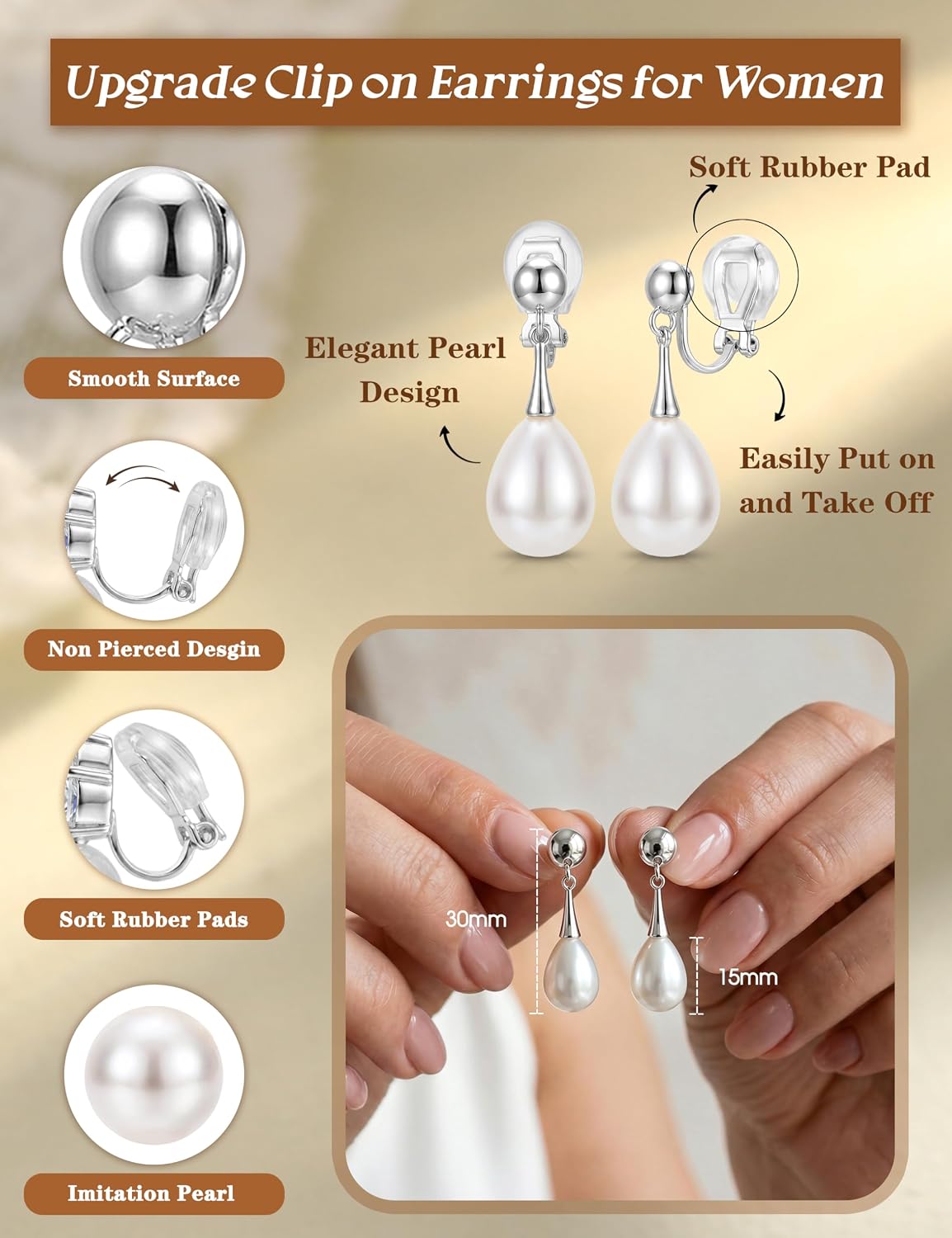 CASSIECA Clip On Earrings for Women Pearl Gold Silver Clip On Earrings image 2