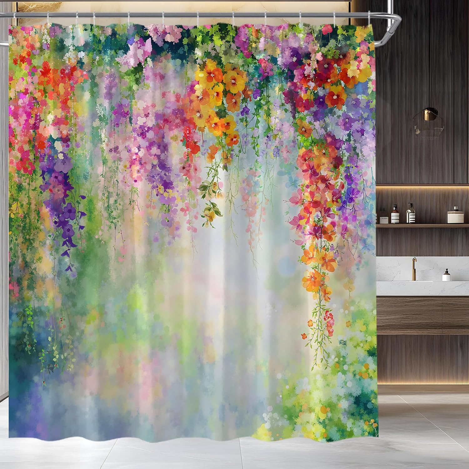 Watercolor Floral Shower Curtain Colorful Wisteria Wildflowers Botanical Vine Weeping Spring Art Fabric for Bathroom Decor Bathtub with Hooks (70" WX70 H)