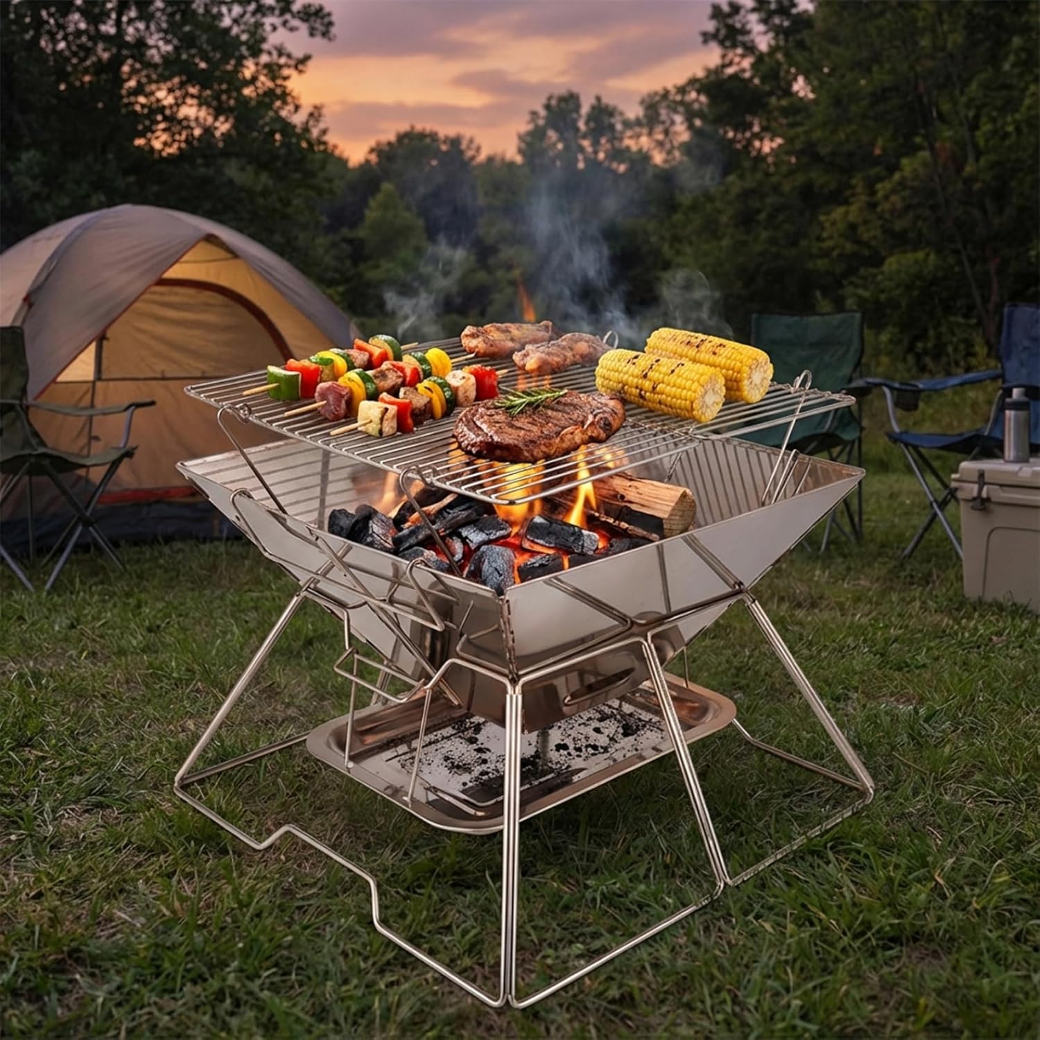 Portable Fire Pit, 2-in-1 Foldable Outside Grill with Adjustable Grate & Ash Pan, Compact Portable BBQ for Camping, Beach, Backyard..