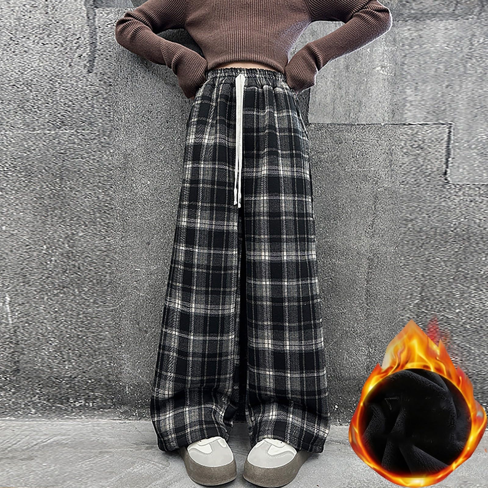 Pantaloni foderati in pile per ragazze, a quadri, larghi, comodi, morbidi, caldi, invernali, casual, eleganti, per la scuola