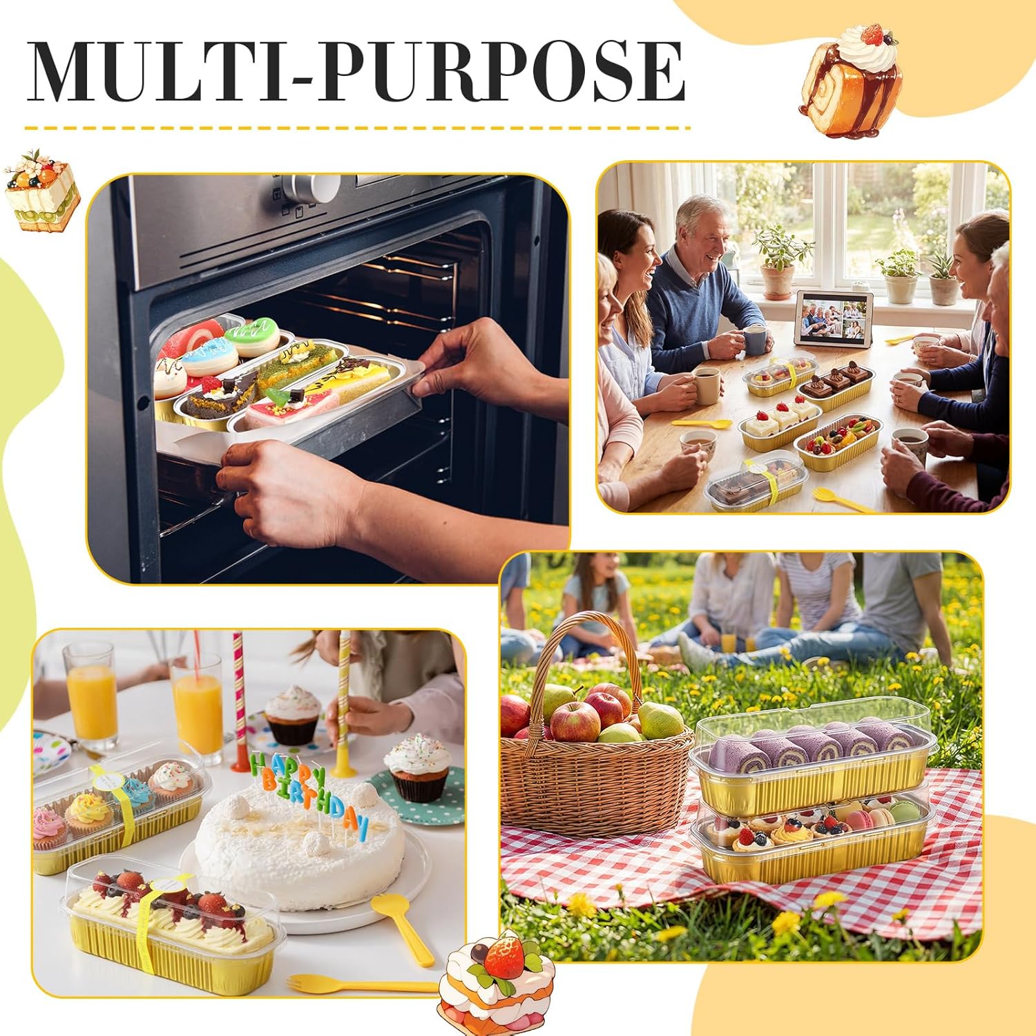 LemonRoad 600 Pcs Mini Loaf Pans with Lids Spoons Sealing Sticker Small Cake Baking Pans Disposable Aluminum Foil Cupcake Baking for Spring Baby Shower Party, Mother's Day (Rectangle,Gold)