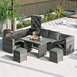 Polibi Outdoor 6-Piece All Weather PE Rattan Sofa Set, Garden Patio Wicker Sectional Furniture Set with Adjustable Seat, Storage Box, Removable Covers and Tempered Glass Top Table,Grey
