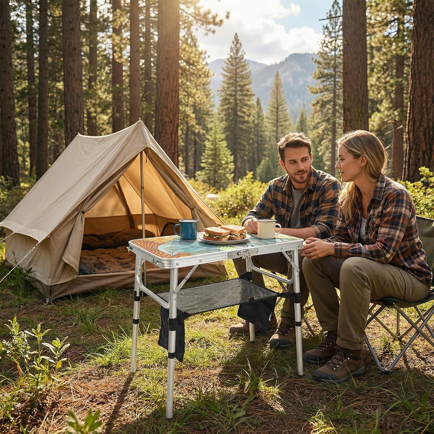 Small Folding Camping Table, 2ft Portable Picnic Table Aluminum 24" x 16" Folding Table, 3 Adjustable Heights Portable Lightweight Table Dining Table for RV, Picnic, Beach (Sunflower)