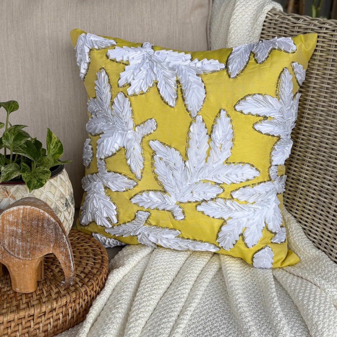The HomeCentric Euro Shams, Yellow Euro Pillowcases 26x26 inch (65x65 cm) Silk Euro Size Pillow Covers, Nature & Floral, Leaf, Ribbon Embroidery, Contemporary European Shams Easter - White Leaves