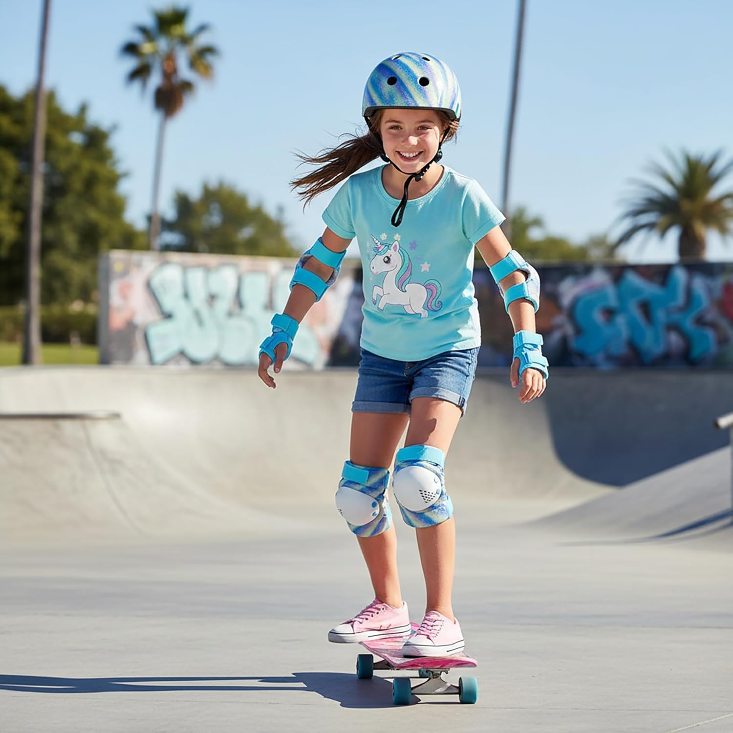 8-12 Years Girls Kids Youth Protective Gear Set for Skateboard,Cycling Bike Rollerblading Scooter,Kids Knee Pads and Wrist Guards,Elbow Pads Set for Outdoor Sports,Blue