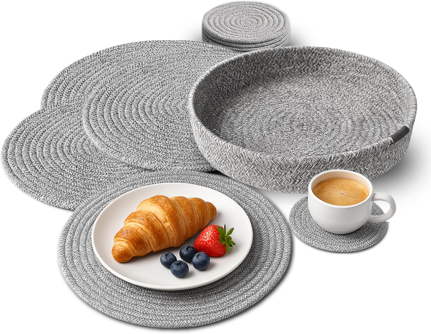 Set of 8 Gray Cotton Coasters – 4 Large 13in Cloth for Drinks + 4 Small Tea Coaster Pads with Holder – Woven Coaster Bedroom Set – Soft Kitchen Coasters and Cup mats for Daily use
