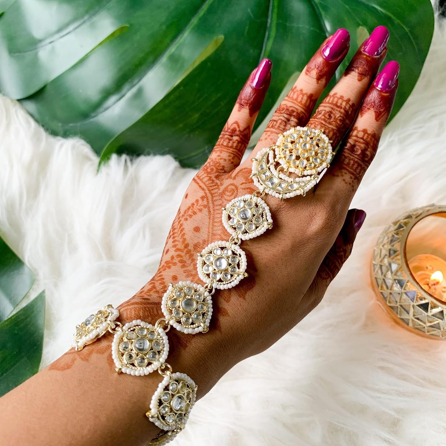 I Jewels Gold Plated Indian Wedding Bollywood Embellish With Kundan & Pearl Adjustable Haath Phool/Panja Bracelet With Ring for Women (PIJ040W)
