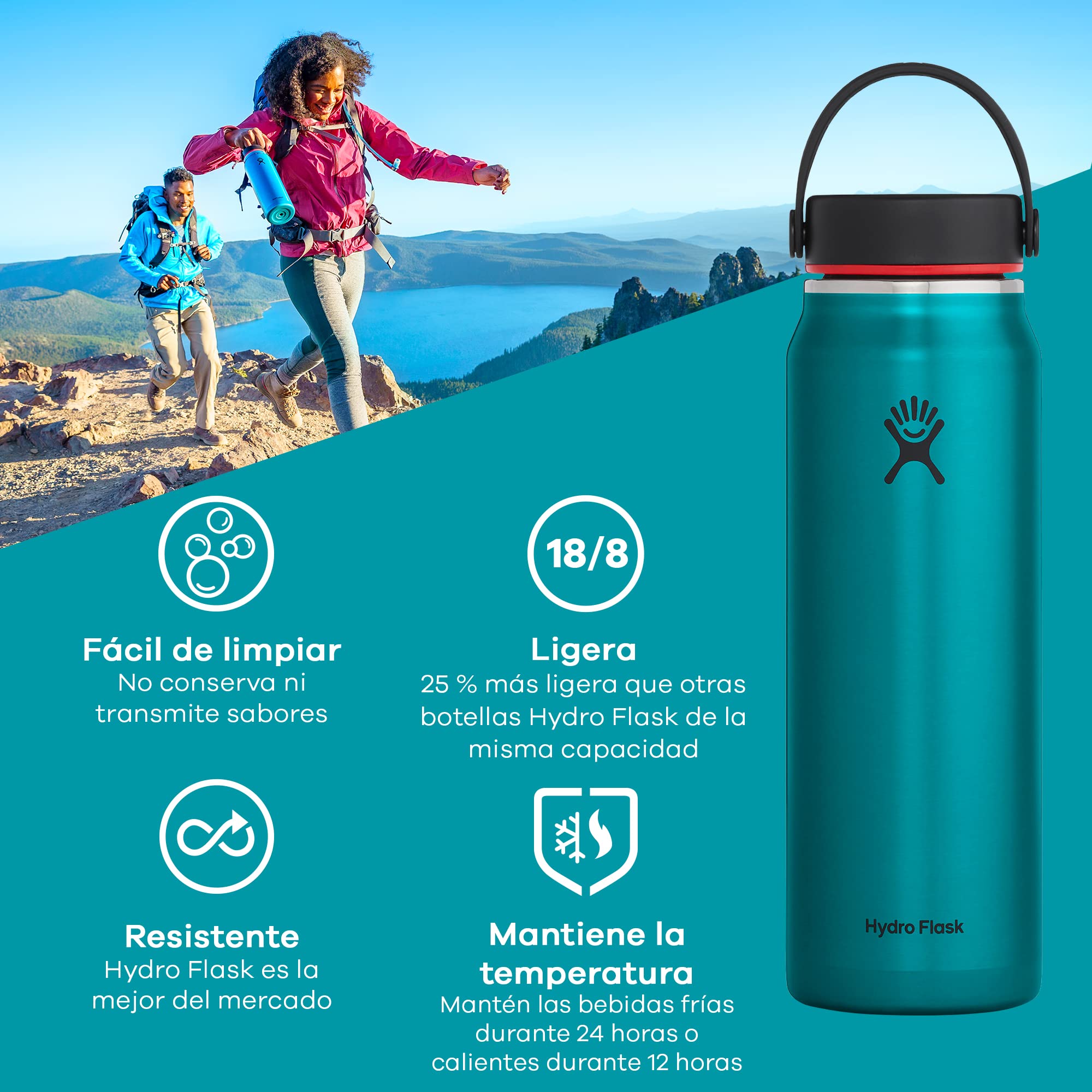 Hydro Flask - Trail series - Botella Isotérmica Ligera 621 ml (21 oz) - Botella Reutilizable de Acero Inoxidable y Aislamiento al Vacío con Tapón Flex Hermético - Wide Mouth - Obsidian